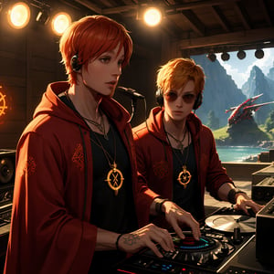 exquisite details and texture, detailed face, anatomy correct, best quality, ultra detailed, photorealistic, cinematic scenic view of 1 male, short hair, orange hair, sunglasses, wore a pair of headphones, red colored robe, cool, flame tattoos, flame pentagram necklace, he was a radio DJ, playing music for listeners in a tiny radio studio with a Taiji in the background, symbolizing destiny, Punk style