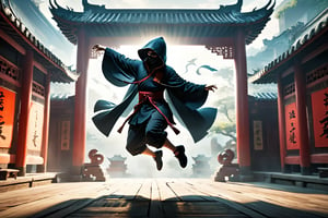 DonM5h4d0w5XL, masterpiece, extreme quality, ultra detailed, intricate, UHD, HDR, Chinese martial arts animation style, dramatic with an air of mystery and intrigue, a dark hooded cloak shadow, dynamic pose, vibrant, action-packed, (jump up, fly in the air:1.5), (roof:1.2), outdoors, ancient China backyard, mysterious colorful background, 