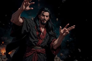 Chinese mythology story, solo, 1man, forty years old, long black hair, two beards, (accurate body and hand anatomy), aqua Taoist robe, thin and tall, fly into a rage, dynamic pose, bold gestures , (hands up), action-packed, (from below:0.8), boichi manga style