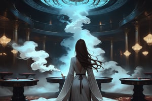 Dark Moody Atmosphere, {prompt}, dramatic, mysterious, dark moody atmosphere, masterpiece, beautiful and aesthetic, ultra detail, intricate, 1female, solo, 20 years old, detailed character design, (flowing long hair, brown), (white long robe,), (back view:1.5), (holding a cigarette:1.2), card table, mists, in the casino