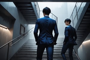 Dark Moody Atmosphere, {prompt}, dramatic, mysterious, dark moody atmosphere, masterpiece, beautiful and aesthetic, ultra detail, intricate, a several of Asian men, deep blue suit, dynamic pose, action-packed, standing in a modern stairwell, conversations