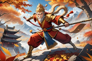 masterpiece, beautiful and aesthetic, ultra detail, intricate, 1male, solo, Monkey King, one of the chief characters in “Pilgrimage To The West”, detailed character design, red hafu, golden armor, he wields a golden cudgel, dynamic pose, Monkey King pose, Chinese martial arts animation style, outdoors, autumn leaves fluttering around, woods