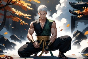 masterpiece, beautiful and aesthetic, ultra detail, intricate, 1male, solo, representation of the legendary martial artist, Roronoa Zoro features, detailed character design, serious expression, (white hair), exquisite body, strong abdominal muscles, (golden armlet:1.2), (black half gloves), black martial arts belt, (black Hanfu, sleeveless), black lace-up ankle brace, dynamic pose, (kneel on one knee:1.5), Chinese martial arts animation style, white smokes, mists, autumn leaves fluttering around