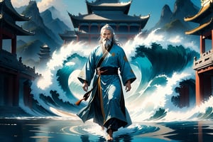 masterpiece, beautiful and aesthetic, ultra detail, intricate, Chinese martial arts animation style, divine, manly, legendary, 1male, solo, (40 years old:1.5), detailed character design, a look of determination, two beards, long grey hair, tall and thin, aqua Taoist robe, dynamic pose, walking on water, creating a picturesque view of a heavenly palace, wave, bathed in soft and ethereal light.