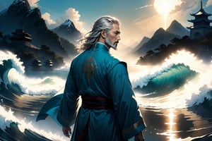 masterpiece, beautiful and aesthetic, ultra detail, intricate, Chinese martial arts animation style, divine, manly, legendary, 1male, solo, (40 years old:1.5), detailed character design, a look of determination, two beards, long grey hair, tall and thin, aqua Taoist robe, upper body, dynamic pose, walking on water, creating a picturesque view of a heavenly palace, wave, bathed in soft and ethereal light.