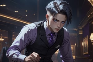 horror-themed {prompt} . eerie, unsettling, dark, spooky, suspenseful, grim, highly detailed, masterpiece, beautiful and aesthetic, ultra detail, intricate, 1male, solo, 23 years old, detailed character design, delicate face, (panic expression), light blue eyes, (dark hair, Classic Undercut), silver waistcoat, purple shirt, deep blue tie, (with badass, hand to hand combat:1.5), in the casino 