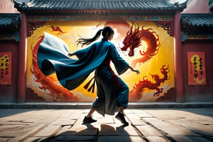 DonM5h4d0w5XL, masterpiece, extreme quality, ultra detailed, intricate, UHD, HDR, Chinese martial arts animation style, dramatic with an air of mystery and intrigue, solo, a cloak shadow on a wall, in the ancient China street, outdoors, captured in mid-leap, dynamic pose, vibrant, split-second freeze-frame, from side, mysterious colorful background, 