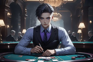 horror-themed {prompt} . eerie, unsettling, dark, spooky, suspenseful, grim, highly detailed, masterpiece, beautiful and aesthetic, ultra detail, intricate, 1male, solo, 23 years old, detailed character design, delicate face, a look of confidence, light smile, light blue eyes, (dark hair, Classic Undercut), silver waistcoat, purple shirt, deep blue tie, (upper body, straight on:1.5), dynamic pose, (holding a cigarette), card table, in the Casino. 