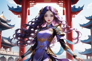 masterpiece, beautiful and aesthetic, ultra detail, intricate, In Chinese mythology, solo, 1girl, a heavenly guardian, big eyes, pink lips, pretty, long curly hair, purple hair, tall and thin, (Han Chinese Clothing, armor, pants), dynamic pose, poised as if ready to gallop into battle, creating a picturesque view of a heavenly palace, bathed in soft and ethereal light.