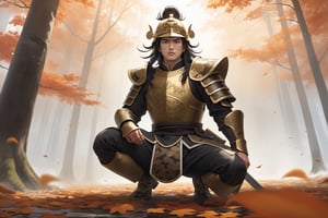 masterpiece, beautiful and aesthetic, ultra detail, intricate, solo, 1male, 25 years old, detailed character design, manly, (worry expression), bushy eyebrows, wide eyes, wide jaw, black hair, tall and lean, (ancient Chinese armor, helmet, golden), (from below), (face down), (Squatting), dynamic pose, forests, mists, autumn leaves fluttering around