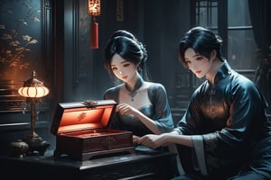 Dark Moody Atmosphere, {prompt}, dramatic, mysterious, dark moody atmosphere, masterpiece, beautiful and aesthetic, ultra detail, intricate, A loving couple opens a delicate and elegant jewelry box together, full of happy expressions, in China In ancient classical bedroom