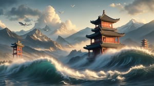 water, foaming, wave, foggy, mountains, Chinese temple, clouds, birds, at Twilight, tilt shift, Cleancore, HDR, Mustafa Abdulhadi, involved in a project, DonM3l3m3nt4l, 