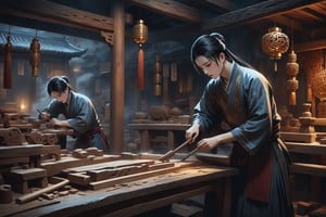 Dark Moody Atmosphere, {prompt}, dramatic, mysterious, dark moody atmosphere, masterpiece, beautiful and aesthetic, ultra detail, intricate, describes a carpenter who concentrates on making wood carvings in a wood crafts shop, Hanfu, ancient times China,