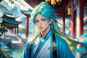 masterpiece, beautiful and aesthetic, ultra detail, intricate, solo, 1male, 25 years old, handsome, (long eyes, blue eyes), (long hair, Split-color Hair, Light Green Hair, Blue Hair), tall, (Han Chinese Clothing, green), flowing robe, upper body, dynamic pose, heroic stance, creating a picturesque view of a heavenly palace, bathed in soft and ethereal light.