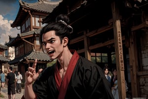 Masterpiece, best quality, detailed character design, UHD, (solo, 1male:1.5), 25 years old, a traditional Chinese physician, laugh, manly, (wide jaw), (black, single hair bun:1.3), tall and lean, accurate body and hand anatomy, (hanfu, grey), (begging), ancient street in the background, outdoors, ancient China style, boichi manga style