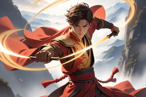 masterpiece, beautiful and aesthetic, ultra detail, intricate, solo, 1male, 25 years old, detailed character design, wide eyes, brown short hair, (brown skin), tall and strong, red Hanfu, golden totemic embroidery, armor, dynamic pose, vibrant, (casting a dramatic arc of light and shadow as he deftly chops through the air), on peak, mountains, mists