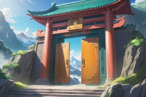 anime artwork {prompt} . anime style, key visual, vibrant, studio anime, highly detailed. In Chinese mythology, there are two huge doors with dragon patterns standing at the mountain pass, and a faint light shines through the gaps between the doors.
