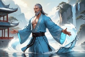 masterpiece, beautiful and aesthetic, ultra detail, intricate, Chinese martial arts animation style, divine, manly, legendary, 1male, solo, (40 years old:1.5), detailed character design, a look of determination, two beards, long grey hair, tall and thin, aqua Taoist robe, (upper body), dynamic pose, walking on water, creating a picturesque view of a heavenly palace, ice, bathed in soft and ethereal light.