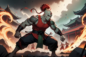 masterpiece, beautiful and aesthetic, ultra detail, intricate, 1male, solo, Berserker, Chinese mythology story, broad cheeks, (face burn scar), fierce expression, Buck-toothed, (thick eyebrows, red eyebrows), big eyes, aquiline nose, (bald, a red bun), (light green skin), (arm tattoo, tribal tattoo), giant, developed muscles, thick legs, barefoot, (red tank top), bracer, black pants, anklet, (from side), dynamic pose, powerful pose, the battle stance, Chinese martial arts animation style, sparks, battlefield scene