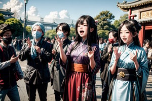 A group of officials in ancient China, Hanfu, official costumes, gathered in the large square outside the gate of the Imperial Palace of China, one of them jumped up with joy, raised his hands in the air, and opened his mouth to cheer