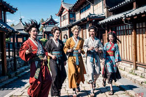 masterpiece, best quality, ultra, UHD, detailed character design, a group of people, 5men, 5women, laugh, (hanfu), dynamic pose, ancient street background, ancient China style, boichi manga style