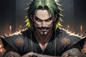 Dark Moody Atmosphere, {prompt}, dramatic, mysterious, dark moody atmosphere, masterpiece, beautiful and aesthetic, ultra detail, intricate, 1male, solo, 45 years old, detailed character design, Berserker, (broad cheeks), fierce expression, (evil, smirk), tattoo on face, Pencil-like moustache, spiked short hair, green hair, bulky, dark orange Hanfu, crossed arms, (upper body), mahjong tables