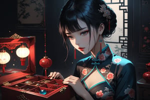 Dark Moody Atmosphere, {prompt}, dramatic, mysterious, dark moody atmosphere, masterpiece, beautiful and aesthetic, ultra detail, intricate, describes a beautiful ancient Chinese woman, wearing a cheongsam in the bedroom, opening an exquisite and elegant jewelry box