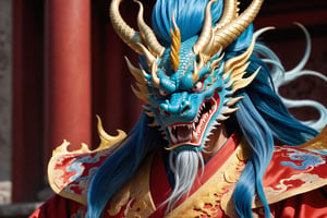 masterpiece, beautiful and aesthetic, ultra detail, intricate, [1man:Chinese dragon head:0.8], 55 years old, detailed character design, domineering, (messy blue hair, red mane), (fatty:1.5), golden dragon robe, upper body, dynamic pose, Inspired by Chinese mythology story, dragon palace