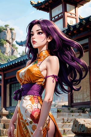 In Chinese mythology, solo, 1girl, big eyes, pink lips, pretty, long curly hair, purple hair, tall and thin, wearing Heaven Guard's armo, ancient China style, boichi manga style