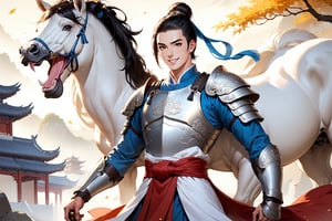 masterpiece, beautiful and aesthetic, ultra detail, intricate, (solo, 1male:1.5), 25 years old, detailed character design, Chinese mythology story, a heavenly guardian, serene expression, manly, bushy eyebrows, wide eyes, wide jaw, smile open mouth, (black hair, a single hair bun), tall and lean, (Han Chinese clothing, armor, brown), from view, dynamic pose, standing, holding a book, creating a picturesque view of a heavenly palace, in soft and ethereal light.