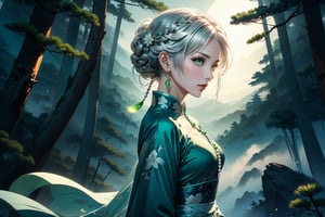 masterpiece, beautiful and aesthetic, ultra detail, intricate, 1female, a celestial ethereal ghostly Fairy, 50 years old, solo, detailed character design, grace, gentle nature, feminine soft face, light green eyes, (long hair, Braided updo, silver hair), hair ornament, tall, slender body frame, collarbone, bead_bracelet, (cheongsam, long, green), (holding a bead_necklace), (side view:1.5), dynamic pose, (a single hand in prayer pose), standing atop hill, Chinese martial arts animation style, pine woods in the background, Inspired by Chinese mythology story