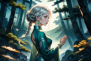 masterpiece, beautiful and aesthetic, ultra detail, intricate, 1female, a celestial ethereal ghostly Fairy, 50 years old, solo, detailed character design, grace, gentle nature, feminine soft face, light green eyes, (long hair, Braided updo, silver hair), hair ornament, tall, slender body frame, collarbone, bead_bracelet, (cheongsam, long, green), (holding a bead_necklace), (from side:1.5), dynamic pose, (a single hand in prayer pose), standing atop hill, Chinese martial arts animation style, pine woods in the background, Inspired by Chinese mythology story