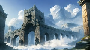 A majestic city gate rises from the swirling mist, its rugged stone walls bearing the intricate carvings of serpentine dragons and mythical creatures, reminiscent of the ancient Great Wall of Shanhaiguan's architectural style. Clouds waft through the towering gates, as if drawn by the mystical aura surrounding this ethereal stronghold.
