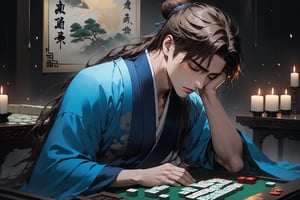 Dark Moody Atmosphere, {prompt}, dramatic, mysterious, dark moody atmosphere, masterpiece, beautiful and aesthetic, ultra detail, intricate, 1male, solo, 23 years old, detailed character design, delicate face, (brown long hair, a bun), blue Hanfu, holding his head, in pain, losing a lot of money, mahjong table