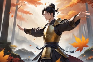 masterpiece, beautiful and aesthetic, ultra detail, intricate, solo, 1male, 25 years old, detailed character design, manly, (puzzled expression), bushy eyebrows, wide eyes, wide jaw, (black hair, a single hair bun), tall and lean, (ancient Chinese armor, golden), (from side:1.5), (spread hands), dynamic pose, forests, mists, autumn leaves fluttering around