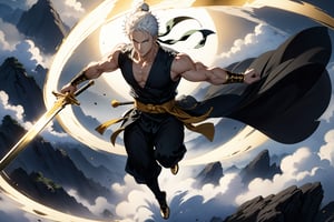 masterpiece, beautiful and aesthetic, ultra detail, intricate, 1male, solo, Roronoa Zoro features, detailed character design, (white hair), exquisite body, strong abdominal muscles, (golden armlet:1.2 ), (black half gloves), black martial arts belt, (black Hanfu, sleeveless), black lace-up ankle brace, (he holds the golden sword high in both hand:2), (leaping in the air:2), (from above:1.5), dynamic pose, dramatic arc of light and shadow, Chinese martial arts animation style, peak, white smokes, mists