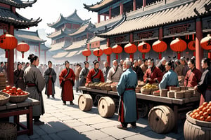 (Masterpiece, beautiful and aesthetic, ultra detail, intricate), Describes a market in ancient China, where an old man was making a speech to a group of people.