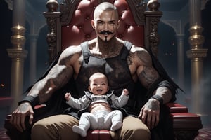 horror-themed {prompt} . eerie, unsettling, dark, spooky, suspenseful, grim, highly detailed, masterpiece, beautiful and aesthetic, ultra detail, intricate, 1male, solo, 40 years old, detailed character design, Asian, badass, a deep knife scar across his face, smile open mouth, black Pencil-like moustache, Buzz Cut, tall and heavy, tan skin, neck tattoo, pattern shirt, brown pants, dynamic pose, (hold the baby, looking at baby), sitting in the throne, in casino