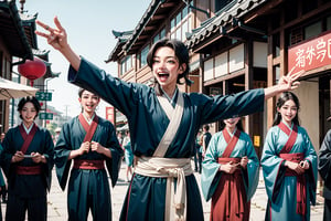 masterpiece, best quality, ultra, UHD, detailed character design, a group of people, 5men, 5women, glad, joy, laugh, (hanfu),  upper body, random standing, bold gestures, dynamic pose, action-packed, ancient street background, ancient China style, boichi manga style