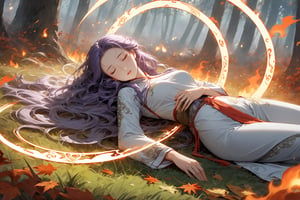 masterpiece, beautiful and aesthetic, ultra detail, intricate, In Chinese mythology, solo, 1girl, a heavenly guardian, closed eyes, long curly hair, purple hair, tall and thin, (Han Chinese Clothing, pants), (full body:1.2), asleep, dynamic pose, lying on the grass, (flames circle around her:1.5), forests, mists, autumn leaves fluttering around