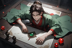 Dark Moody Atmosphere, {prompt}, dramatic, mysterious, dark moody atmosphere, masterpiece, beautiful and aesthetic, ultra detail, intricate, 1male, solo, 23 years old, detailed character design, delicate face, (evil expression), light green eyes, grin, brown long hair, a bun, red hanfu, from above, dynamic pose, action packed, (holding a pile of jewels, indoors, on ancient table