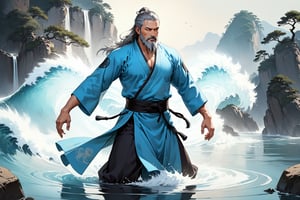 masterpiece, beautiful and aesthetic, ultra detail, intricate, Chinese martial arts animation style, divine, manly, legendary, 1male, solo, (40 years old:1.5), detailed character design, a look of determination, two beards, long grey hair, tall and thin, aqua Taoist robe, upper body, front view, dynamic pose, walking on water, creating a picturesque view of a heavenly palace, wave, bathed in soft and ethereal light.