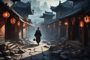 A dark, moody atmosphere settles over an ancient Chinese street scene as night descends. A lone figure, a man with limbs brutally chopped, crawls across the worn stones like a maggot, his eyes pleading for scraps from passers-by. The dramatic lighting casts long shadows, accentuating the eerie setting. Passersby hurry by, oblivious to his suffering, amidst intricate details of crumbling architecture and ancient lanterns, creating a mysterious masterpiece of beauty and aesthetic despair.