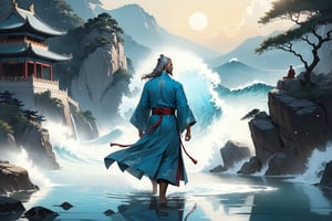 masterpiece, beautiful and aesthetic, ultra detail, intricate, Chinese martial arts animation style, divine, manly, legendary, 1male, solo, (40 years old:1.5), detailed character design, a look of determination, two beards, long grey hair, tall and thin, aqua Taoist robe, from behind, dynamic pose, walking on water, creating a picturesque view of a heavenly palace, wave, bathed in soft and ethereal light.