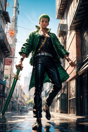 solo, Roronoa Zoro, the iconic character from the One Piece anime: "Generate a striking and highly detailed visual representation of the legendary martial artist, Roronoa Zoro, from the One Piece anime. Zoro is known for his distinctive appearance and formidable skills. His hair is a vibrant shade of green, complementing his determined brown eyes. He stands tall and resolute, exuding an air of strength and unwavering determination. Zoro is clad in his signature green outfit, complete with a white haramaki and a bandana. In his skilled hands, he wields a long staff, unique and finely detailed. The long staff should be a reflection of his mastery and the essence of his character. This image should capture the essence of Zoro's iconic appearance, showcasing his powerful presence and his status as one of the most beloved characters in the One Piece series, full body shot, empty background. " Photographic cinematic super high detailed super realistic image, 8k HDR super high quality image, masterpiece, perfect eyes, Zoro, ((perfect hands)), ((super high detailed image)), ((perfect long staff)), 
