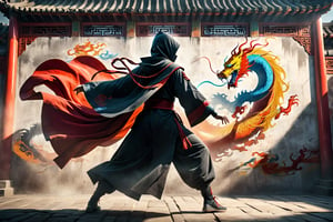 DonM5h4d0w5XL, masterpiece, extreme quality, ultra detailed, intricate, UHD, HDR, Chinese martial arts animation style, dramatic with an air of mystery and intrigue, shadow on a ancient China wall, a hooded cloak, dynamic pose, vibrant, action-packed, from side, outdoors, ancient China street, mysterious colorful background, 