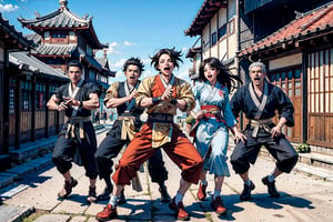 masterpiece, best quality, ultra, UHD, detailed character design, a group of people, 5men, 5women, laugh, (hanfu), dynamic pose, action-packed, ancient street background, ancient China style, boichi manga style