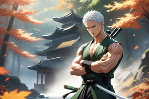 masterpiece, beautiful and aesthetic, ultra detail, intricate, 1male, solo, representation of the legendary martial artist, Roronoa Zoro features, detailed character design, (proud expression:1.5), (white hair), exquisite body, strong abdominal muscles, (golden armlet:1.2), (black half gloves), black martial arts belt, (black Hanfu, sleeveless), black lace-up ankle brace, (crossed arms:1.5), dynamic pose, forests, mists, autumn leaves fluttering around