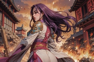 In Chinese mythology, solo, 1girl, big eyes, pink lips, long curly hair, purple hair, tall and thin, warrior, armor, long robe, eyes closed, expression of pain, unsteady, shaky, from behind, (long shot), ancient China style, boichi manga style