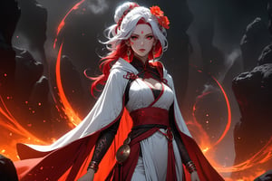 masterpiece, beautiful and aesthetic, ultra detail, intricate, 1female, 40 years old, detailed character design, sorceress, mysterious, (a red mole on forehead:1.2), red eyes, hoop earrings, (medium hair, traditional Chinese updo, Split-color Hair, white Hair, red Hair), hair flower, bangle, short stature, hooded cloak, (Taoist robe, pants, orange), cane, full shot, dynamic pose, her hands crackling with arcane energy, standing on lava, smokey, mysterious colorful, magic effect, in heavenly palace